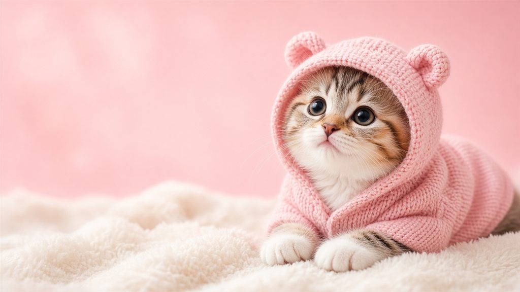 Calico kitten wearing a baby-pink bear-ear hoodie on a fluffy blanket