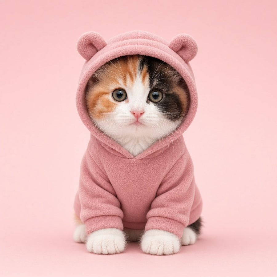Calico kitten wearing the blush pink Classic Sushi Hoodie with bear ears