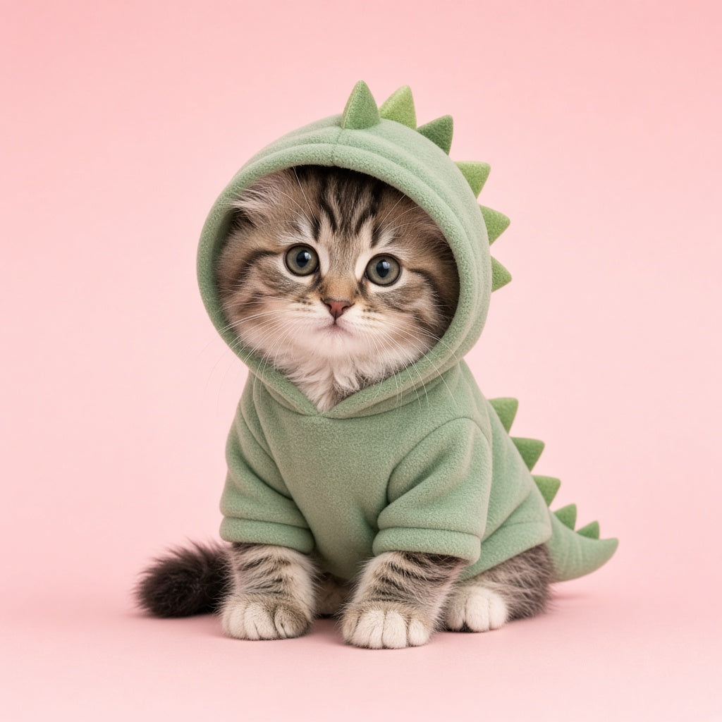 Tabby kitten wearing the sage green Dino Hoodie with felt spikes