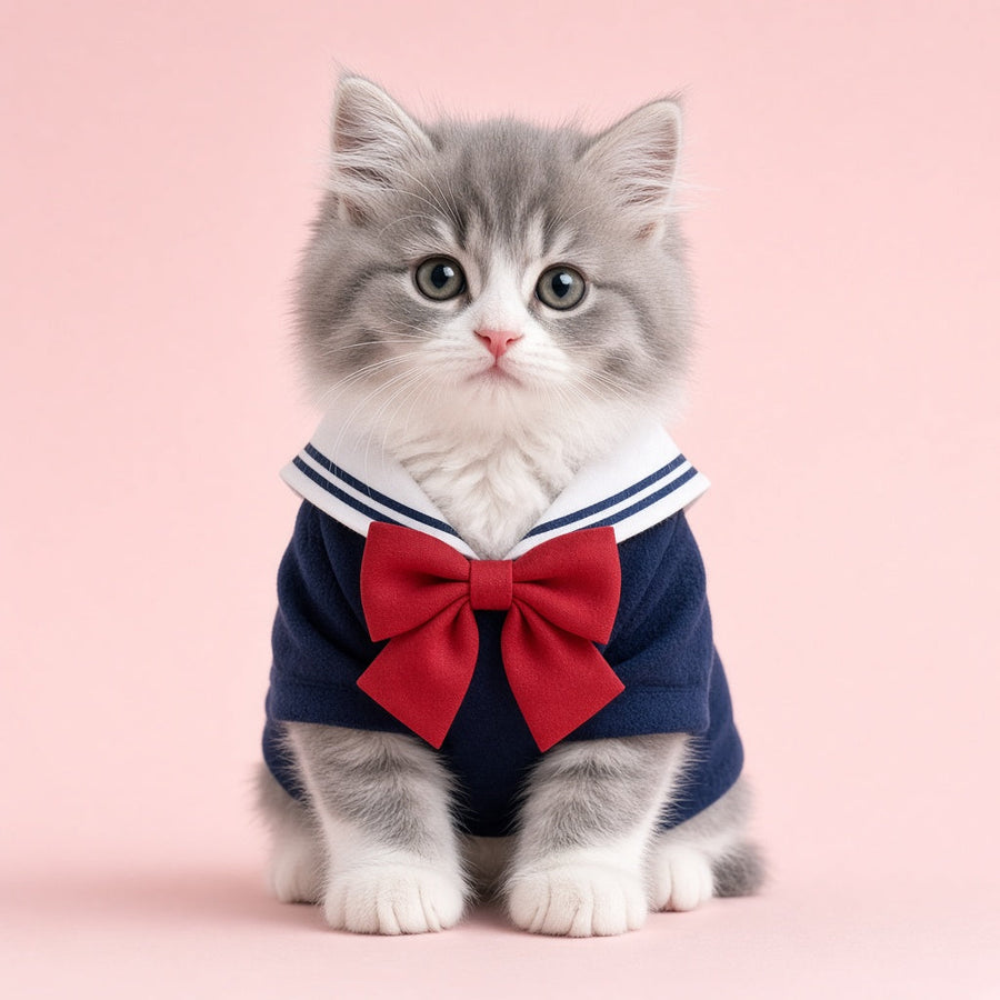 Grey kitten wearing the navy Sailor Set with a white collar and red bow