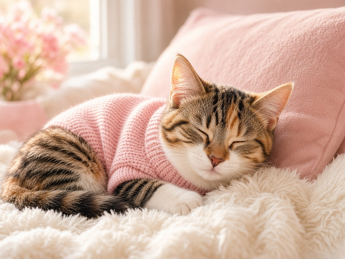 Tabby cat napping in the blush pink Teddy Sweater