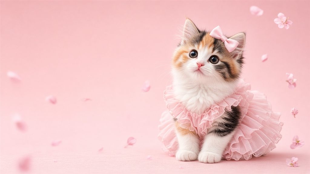 Calico kitten in a frilly baby-pink dress with a satin bow