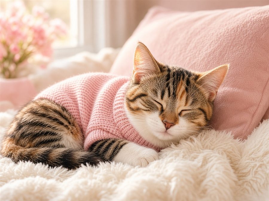Tabby cat in a pink knit sweater napping on a fluffy cream blanket